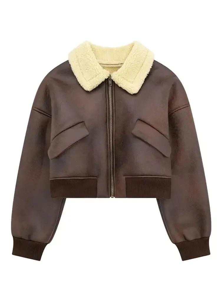 Stylish Lapel Zipper Leather Jacket Chic Double-sided Jacket