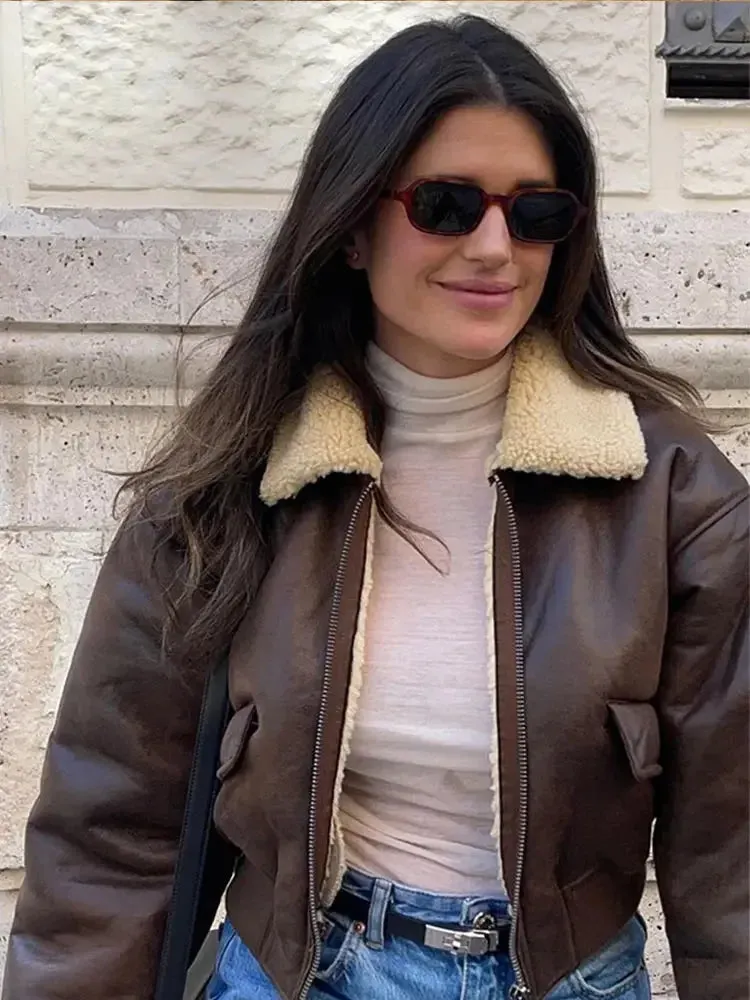 Stylish Lapel Zipper Leather Jacket Chic Double-sided Jacket