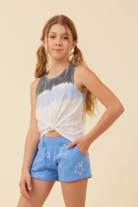 Summer Blue/White/Charcoal Tie Dye Tank W/ Embroidered Stars