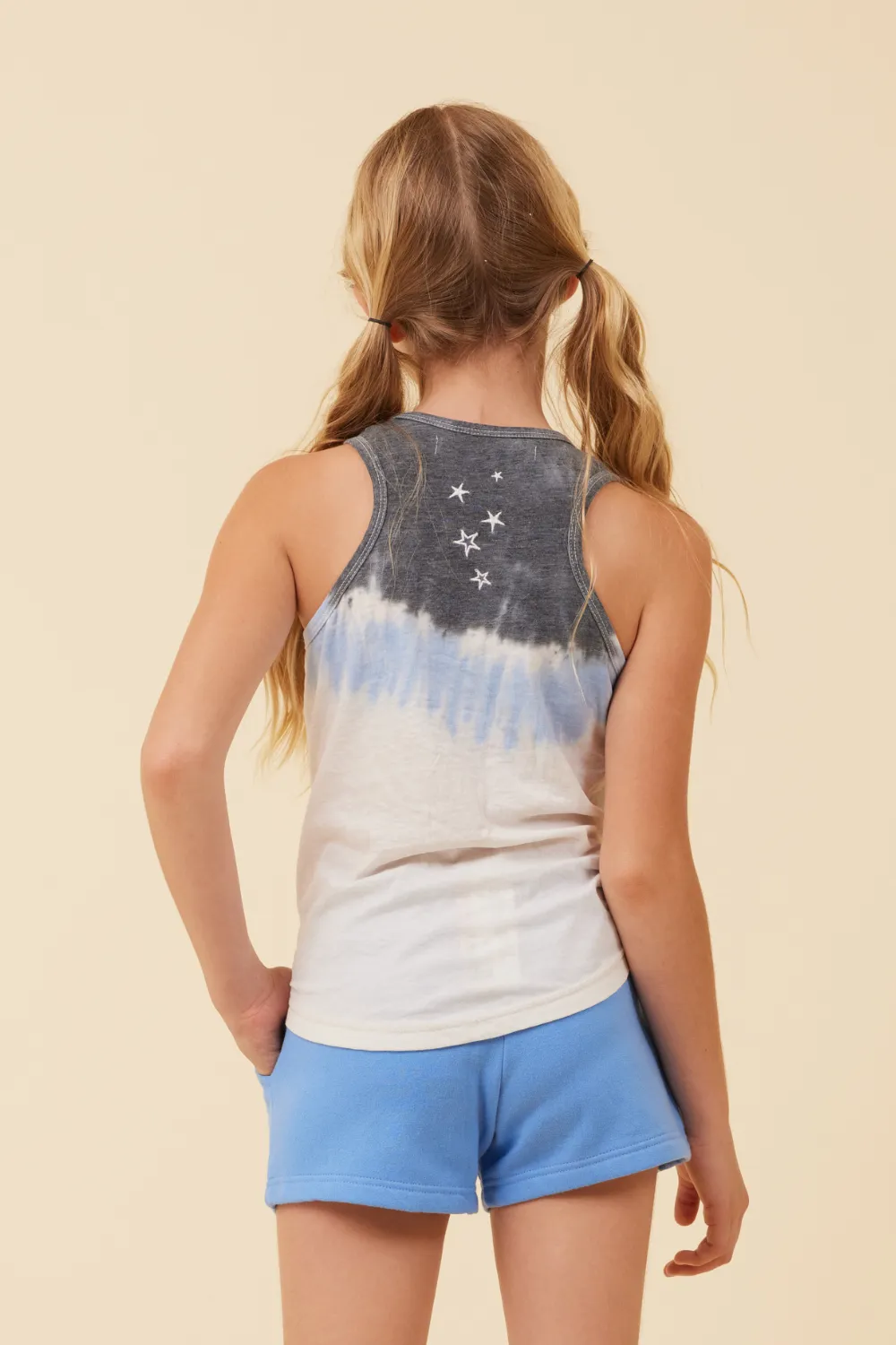 Summer Blue/White/Charcoal Tie Dye Tank W/ Embroidered Stars