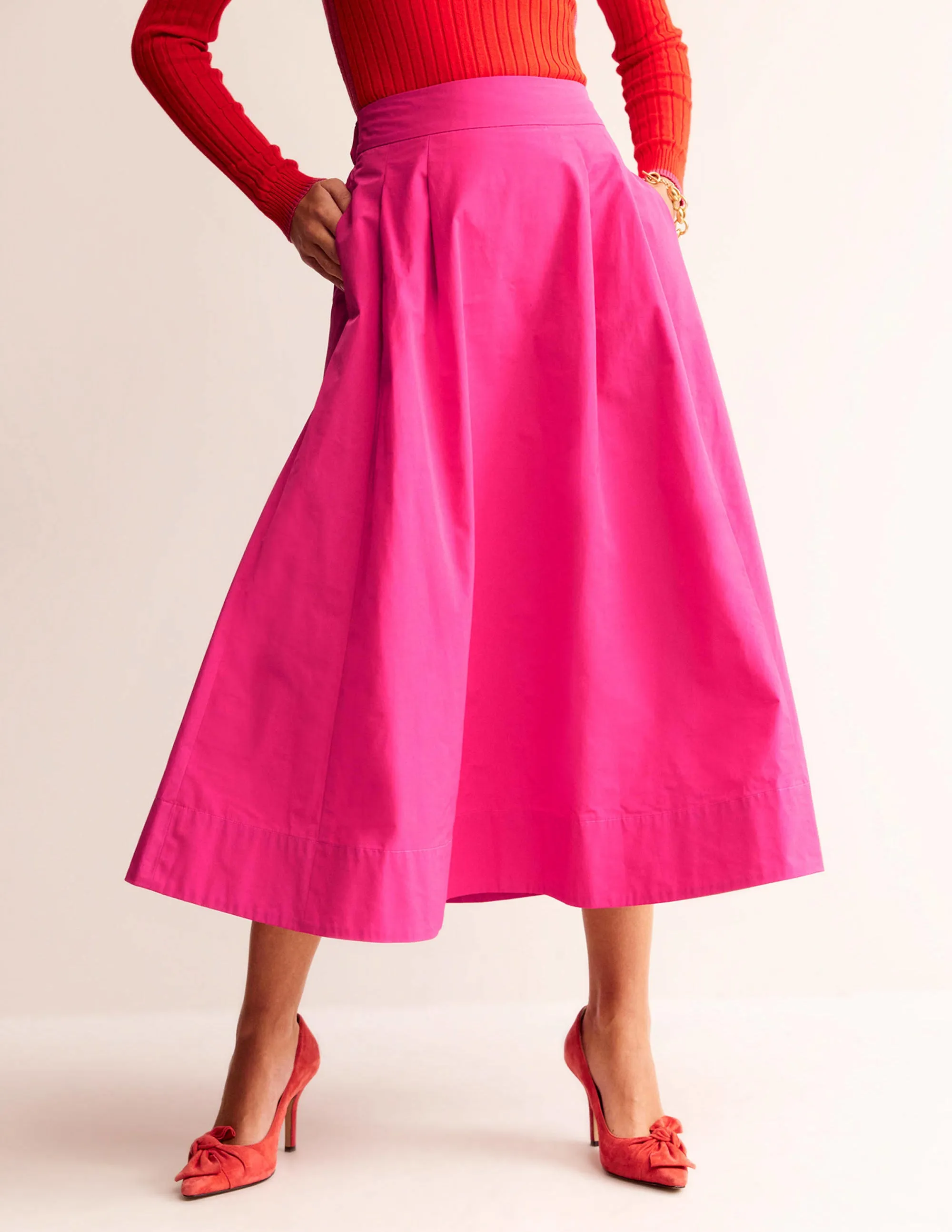 Taffeta Pull-on Midi Skirt-Vibrant Pink
