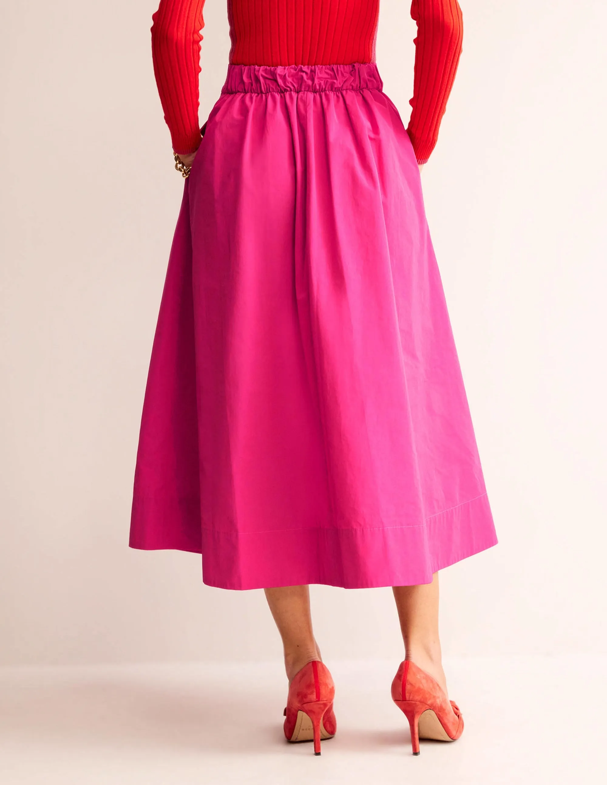 Taffeta Pull-on Midi Skirt-Vibrant Pink