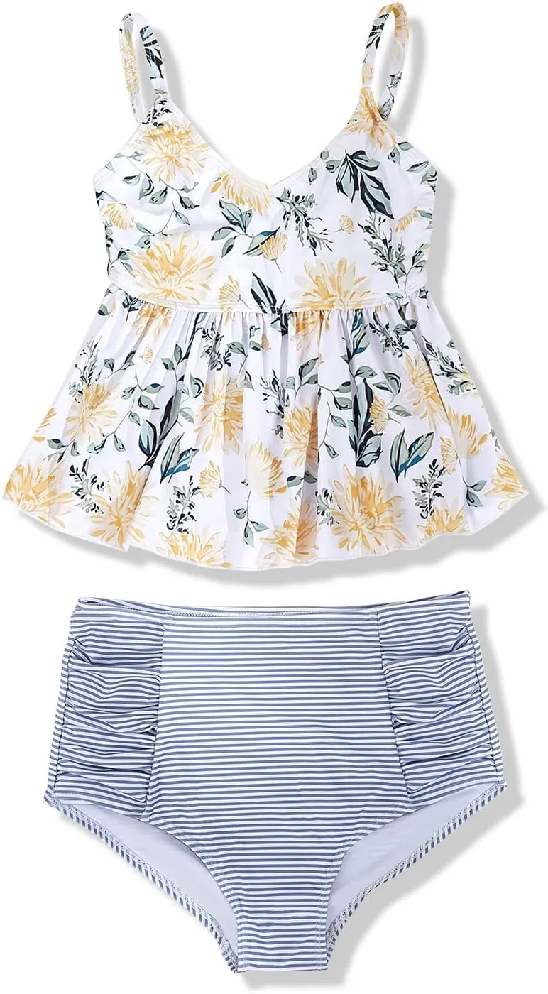 Tutorutor Kid Girls High Waisted Cute 2 Piece Peplum Halter Bikini Sets Ruffle Floral Print Teen Spaghetti Swimsuits