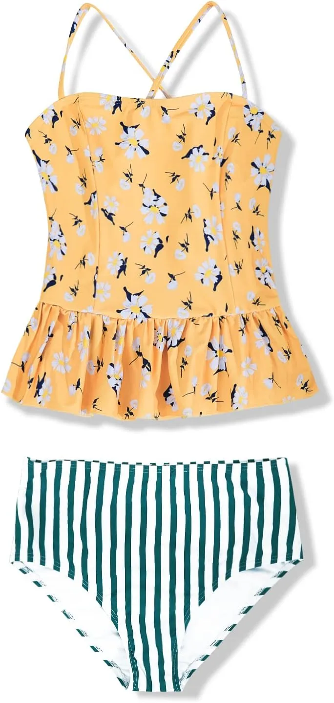 Tutorutor Kid Girls High Waisted Cute 2 Piece Peplum Halter Bikini Sets Ruffle Floral Print Teen Spaghetti Swimsuits