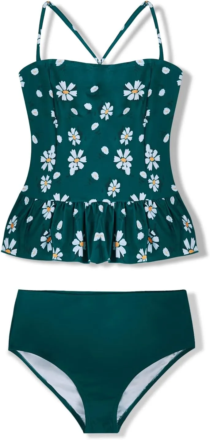 Tutorutor Kid Girls High Waisted Cute 2 Piece Peplum Halter Bikini Sets Ruffle Floral Print Teen Spaghetti Swimsuits