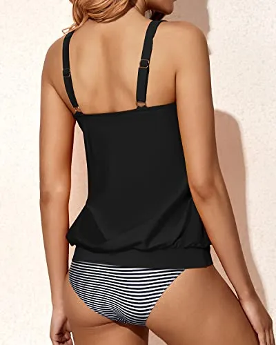 Two Piece U Neck Tankini Sets For Women-Black Stripe