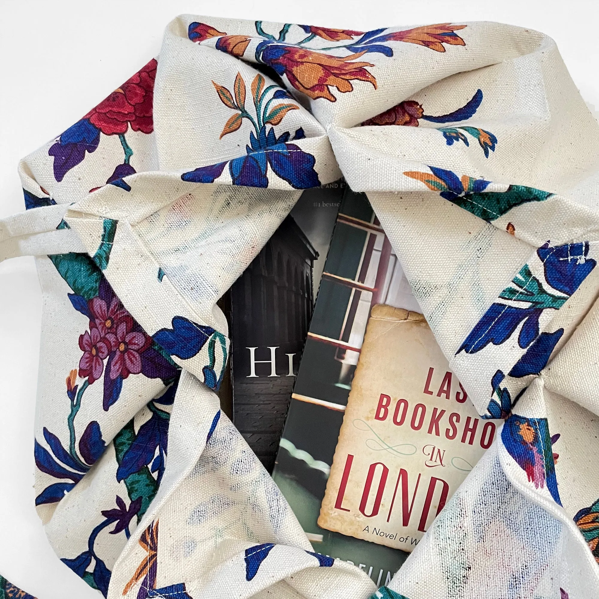 Upcycled Made-By-Me Vintage Handmade Botanical Birds Patterned Origami Tote Bag