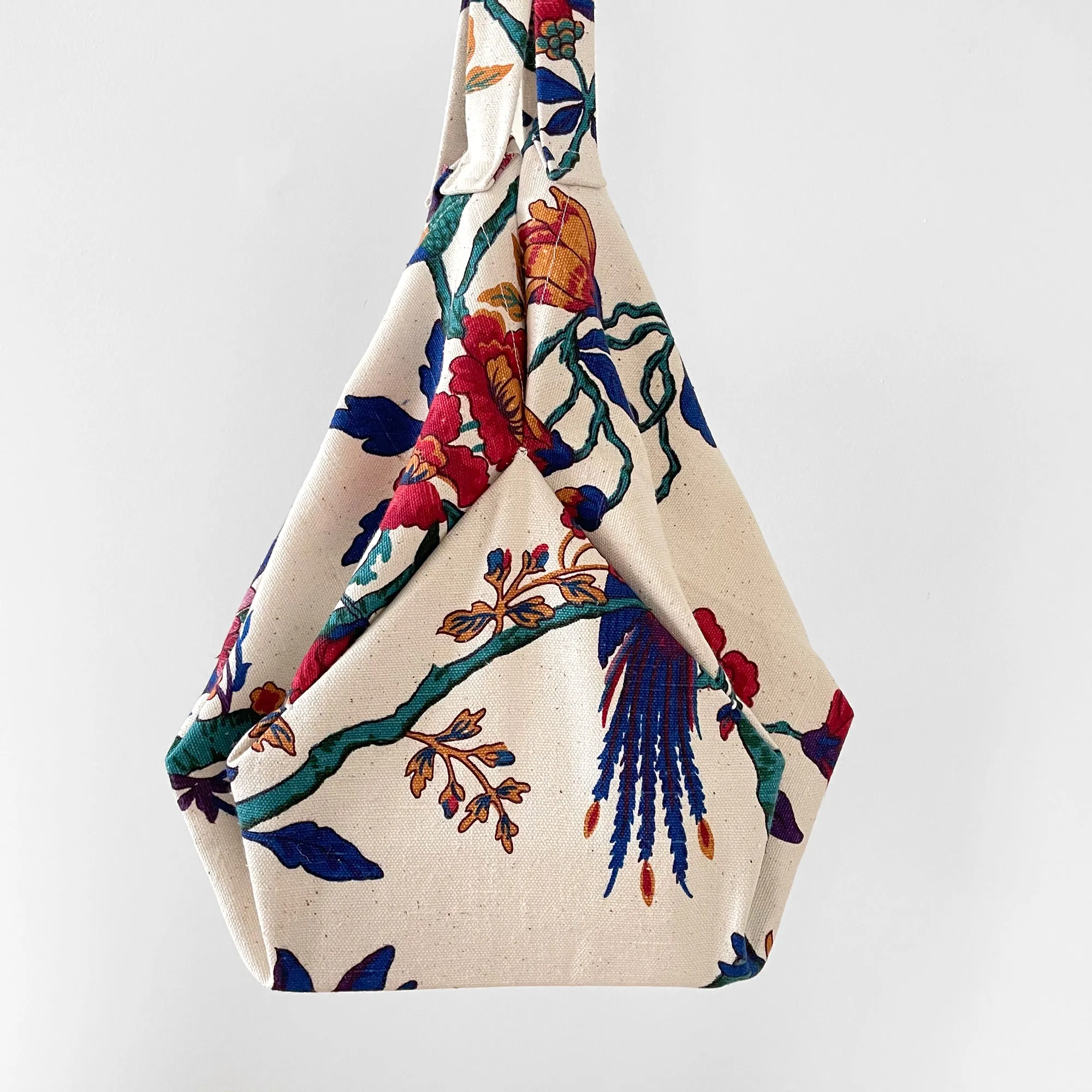 Upcycled Made-By-Me Vintage Handmade Botanical Birds Patterned Origami Tote Bag