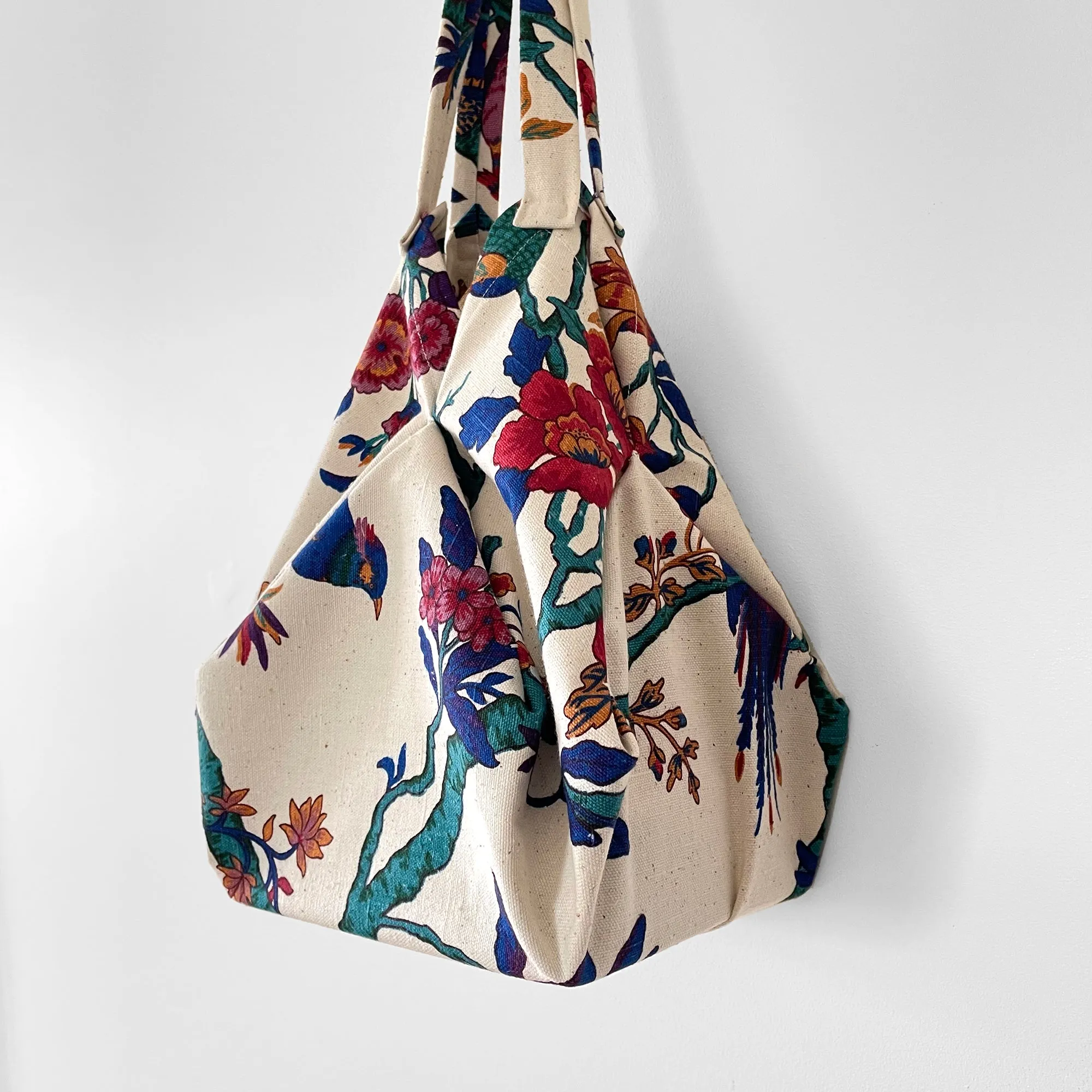 Upcycled Made-By-Me Vintage Handmade Botanical Birds Patterned Origami Tote Bag