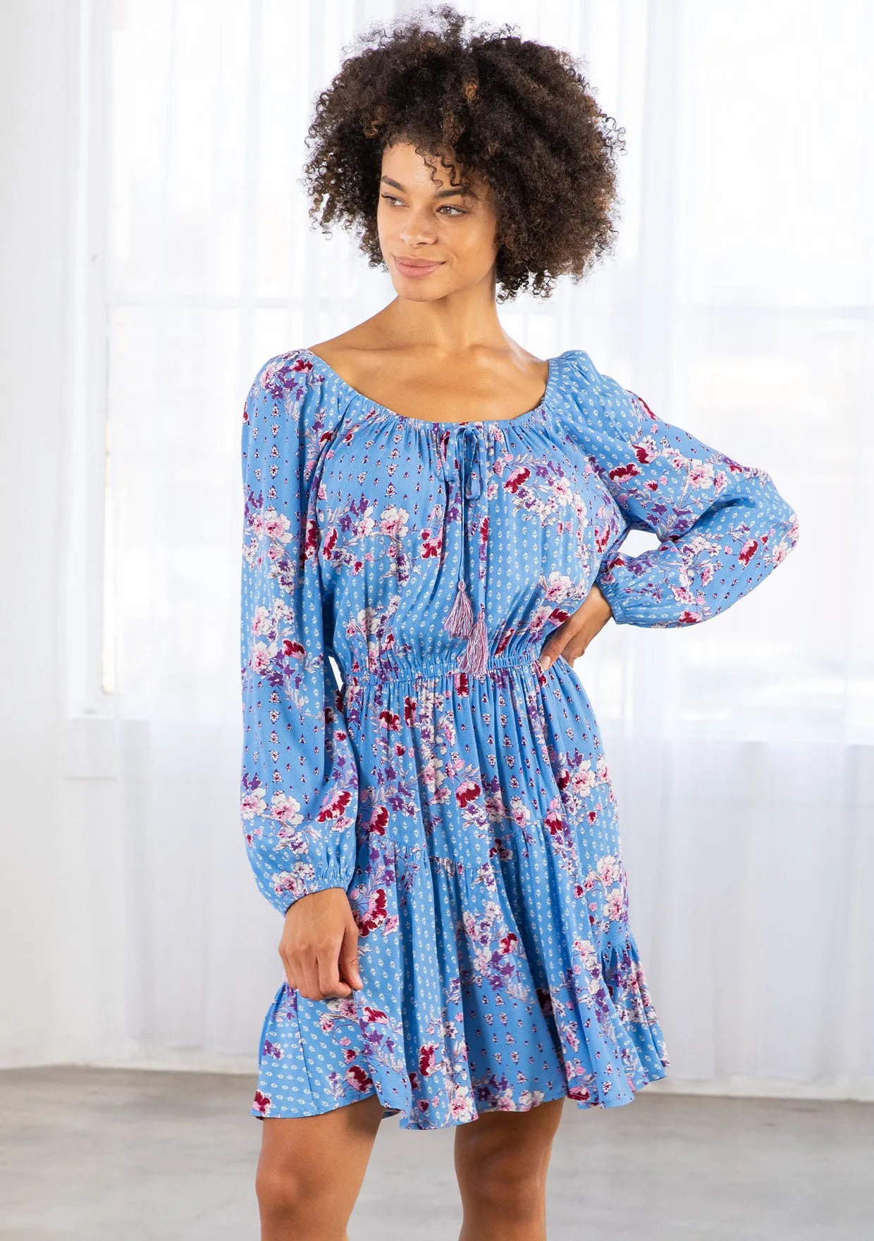 Vibrant Floral Bohemian Long Sleeve Mini Dress