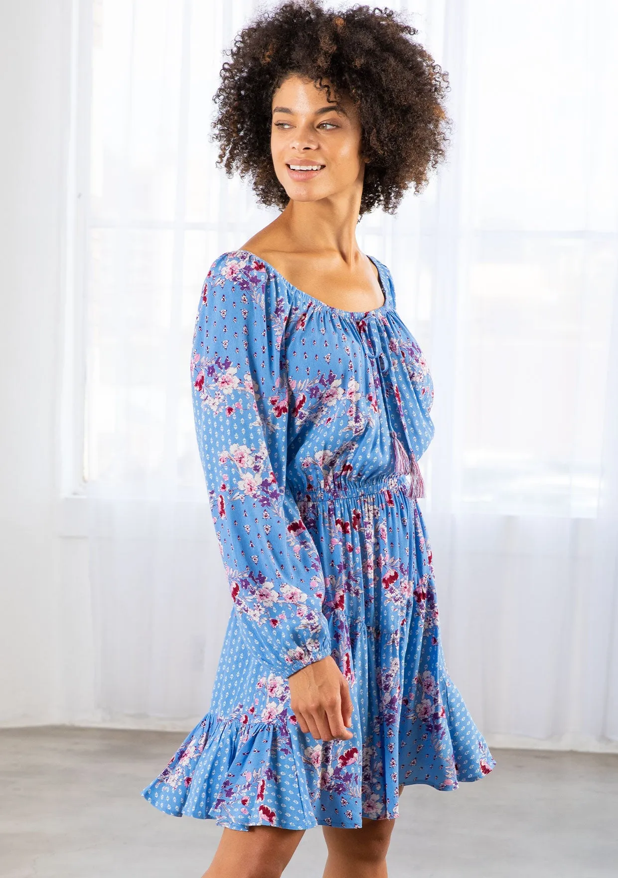 Vibrant Floral Bohemian Long Sleeve Mini Dress