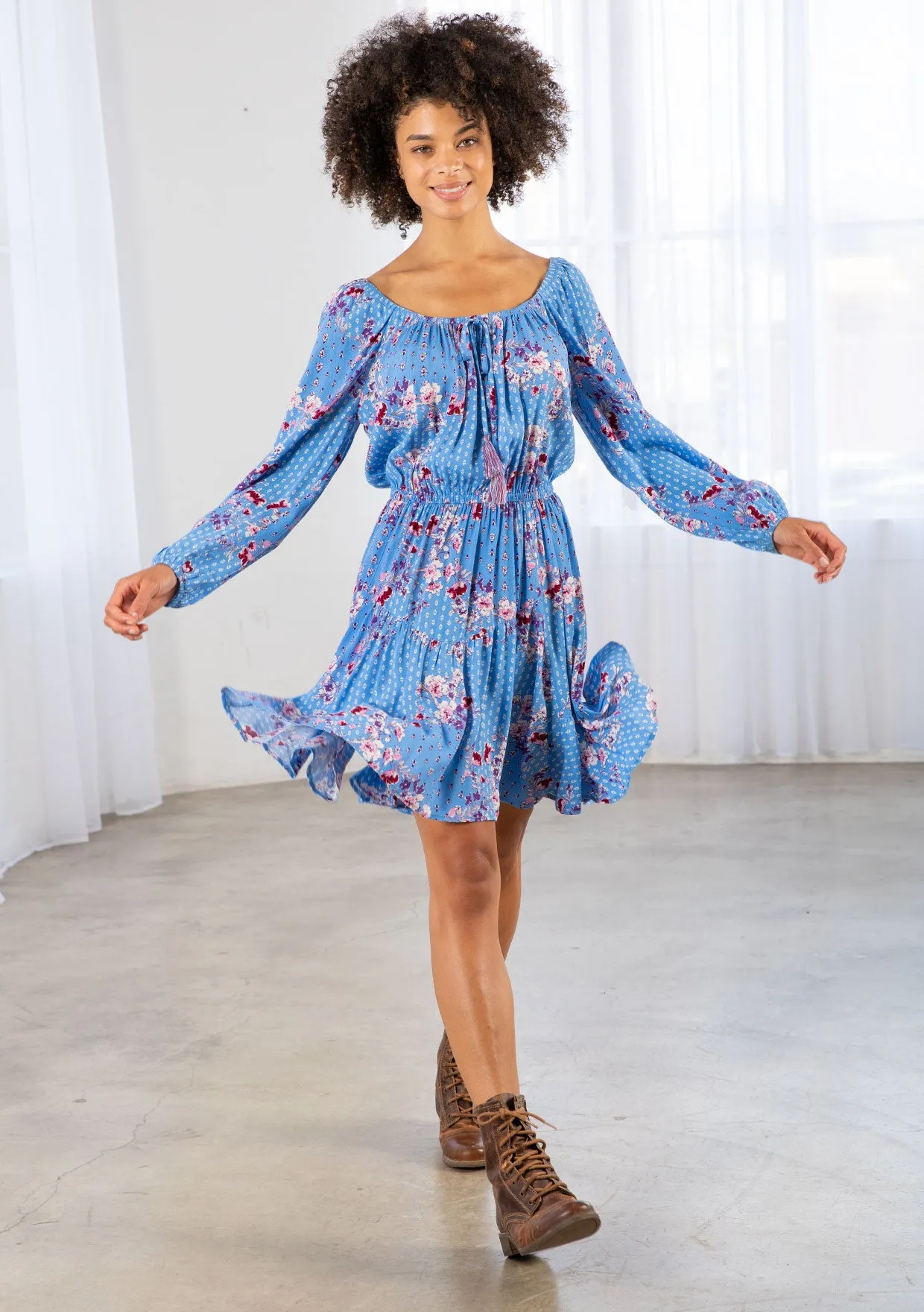 Vibrant Floral Bohemian Long Sleeve Mini Dress