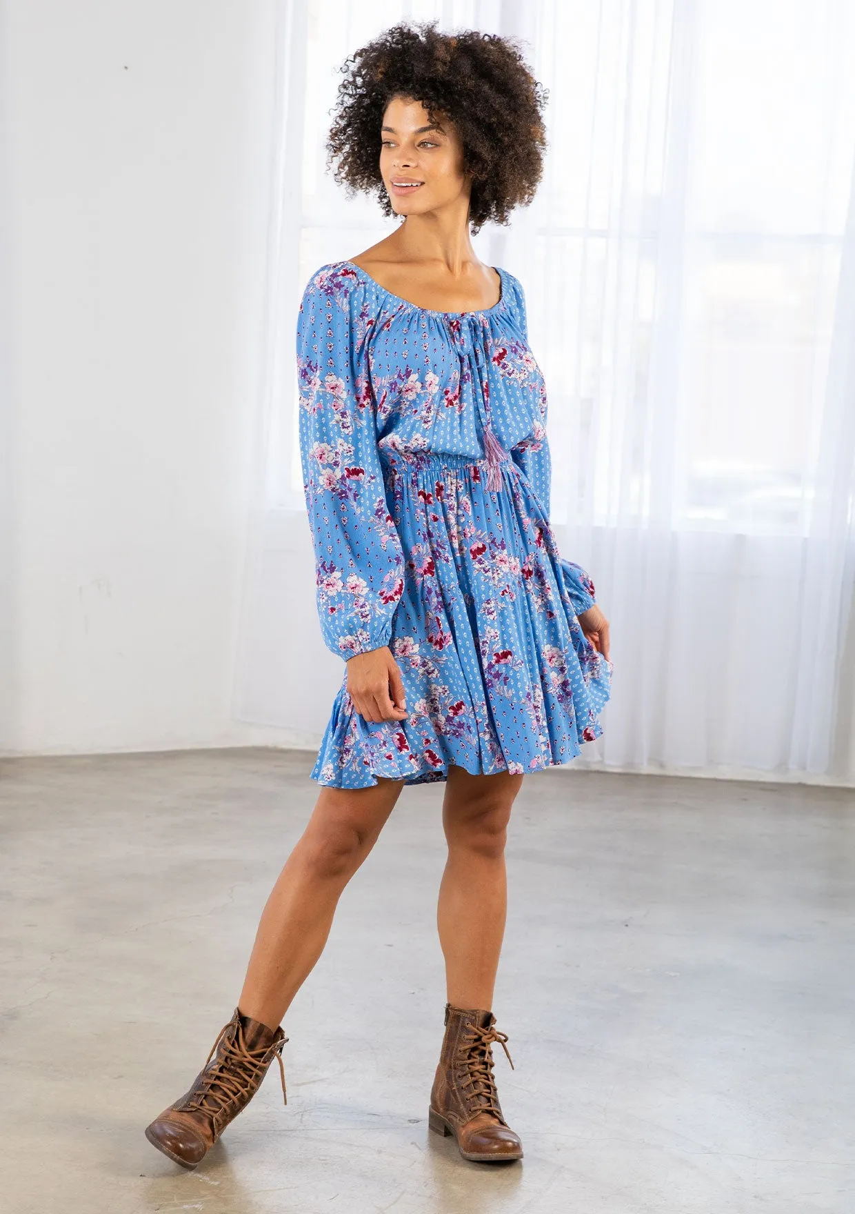Vibrant Floral Bohemian Long Sleeve Mini Dress