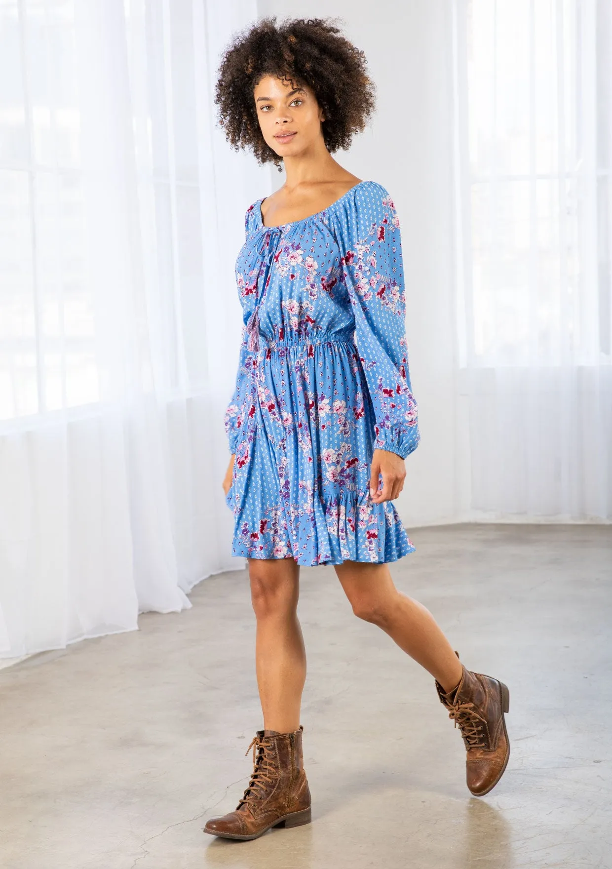 Vibrant Floral Bohemian Long Sleeve Mini Dress