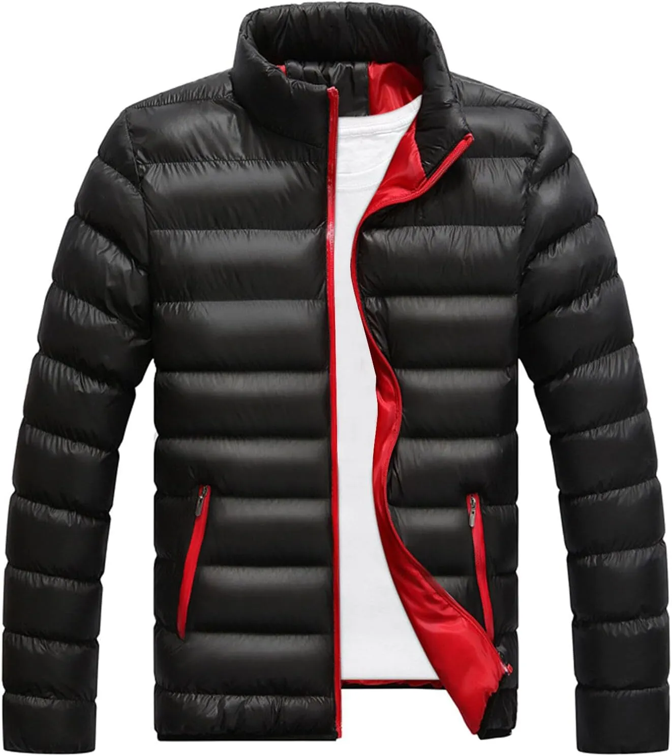 WENKOMG1 Mens Puffer Jacket Long Sleeve Lightweight Packable Outdoor Down Jacket Winter Fall Turtleneck Outerwear Coat
