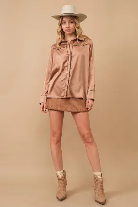 Western Contrast Piping Detail Studded Yoke Button Up Blouse