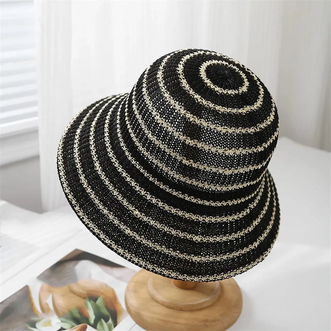 Women Knitted Dome Cap Casual Striped Fashion Foldable Trendy Fisherman Sun Protection Straw Hat