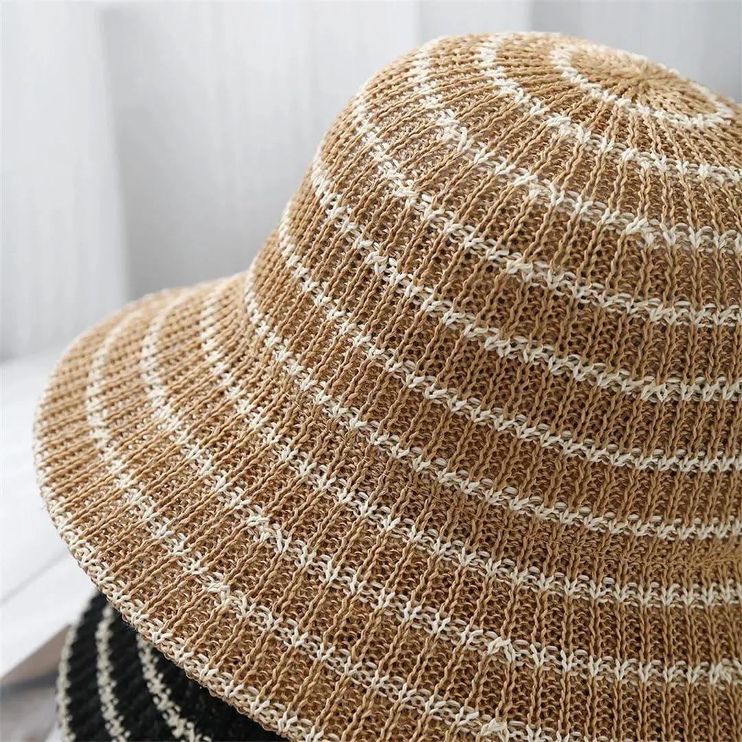 Women Knitted Dome Cap Casual Striped Fashion Foldable Trendy Fisherman Sun Protection Straw Hat