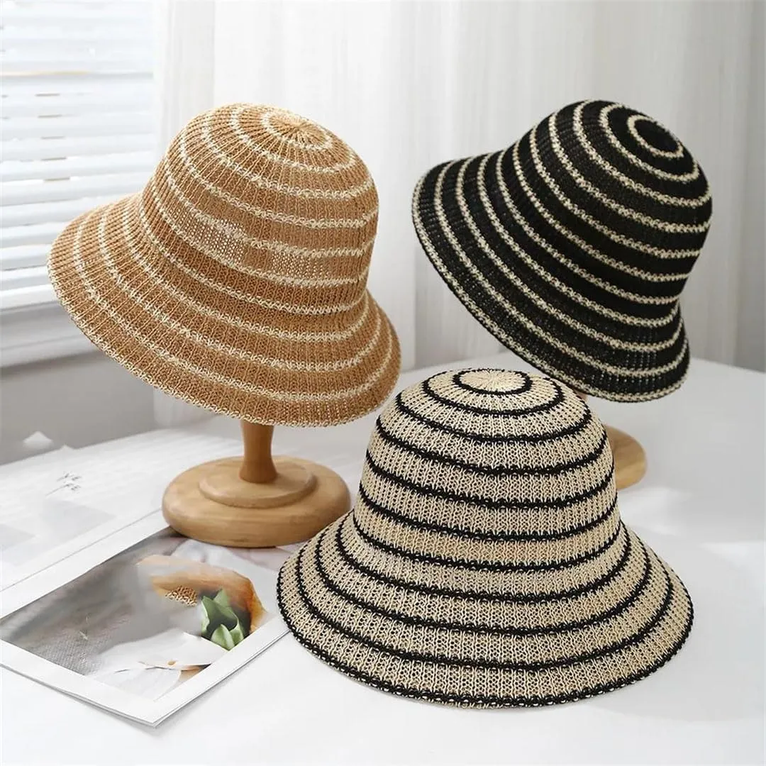 Women Knitted Dome Cap Casual Striped Fashion Foldable Trendy Fisherman Sun Protection Straw Hat