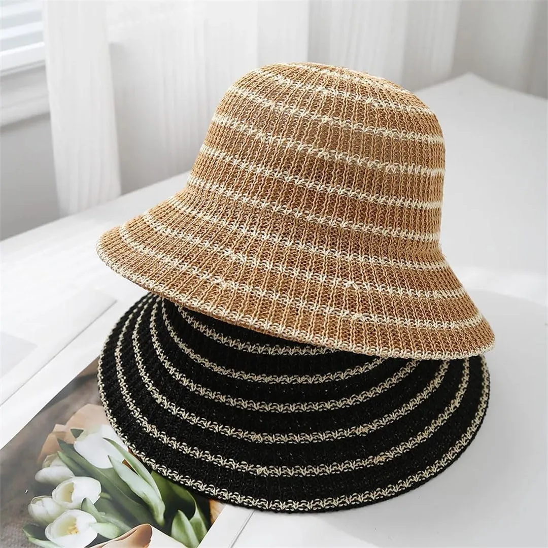 Women Knitted Dome Cap Casual Striped Fashion Foldable Trendy Fisherman Sun Protection Straw Hat