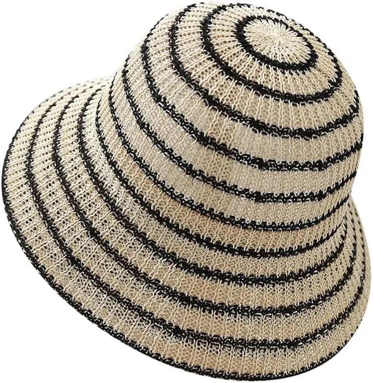 Women Knitted Dome Cap Casual Striped Fashion Foldable Trendy Fisherman Sun Protection Straw Hat