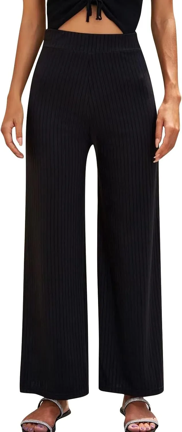 Women Soft Boho Pants Palazzo Solid Pull On Rib Knit Wide Leg Straight Sweat Pants Summer Beach Lounge Bottoms Ankle Trousers