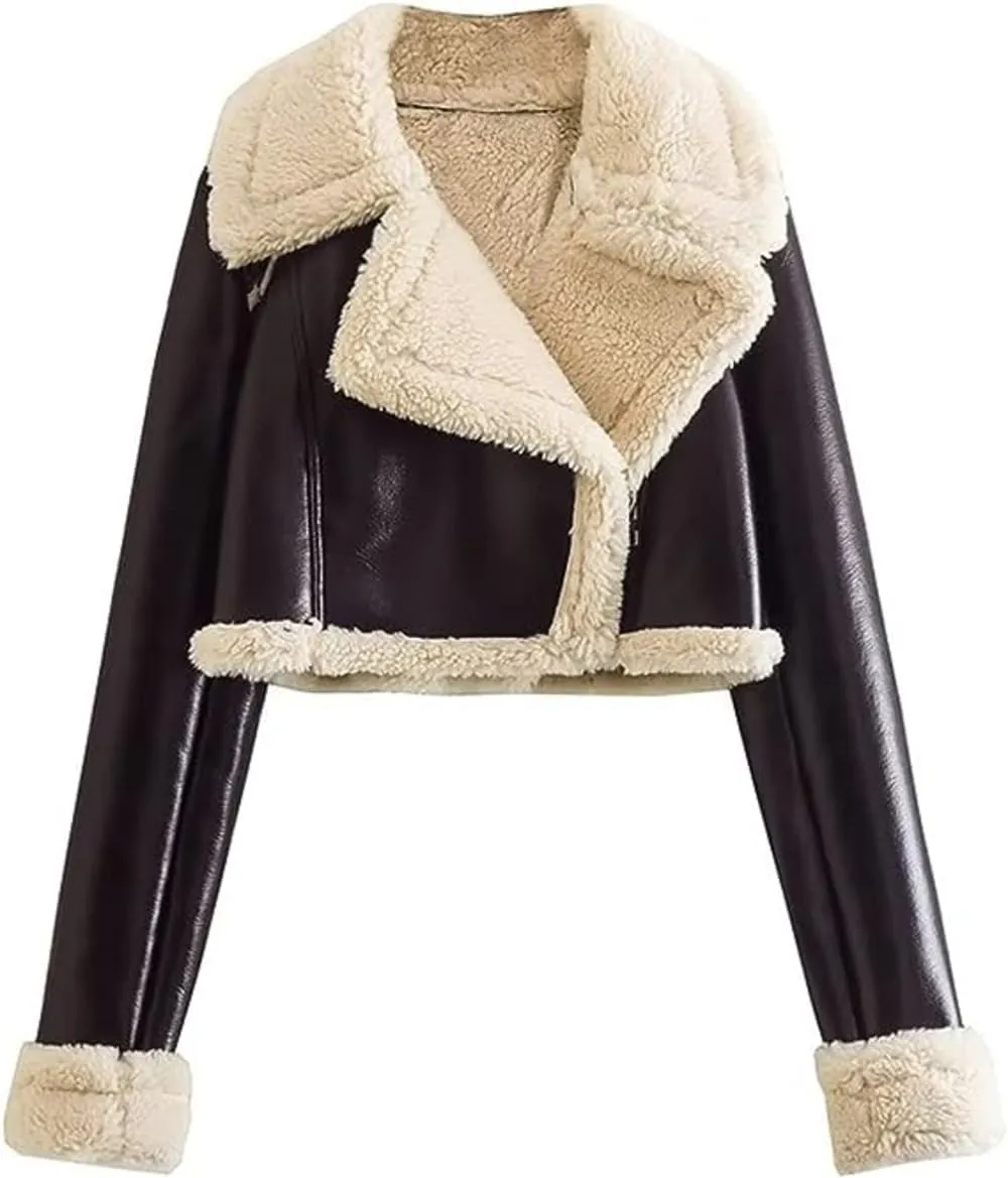 Women’s Black Genuine Sheepskin Sherpa Shearling Faux Fur Lined Winter Warm Chic Short Fashionable Bomber Leather Jacket (2XL, Brown)