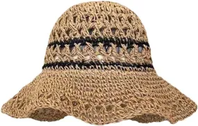 Women's Casual Knit Paper Hat Sun Protection Foldable Striped Hollow Fisherman Bucket Beach Straw Hat