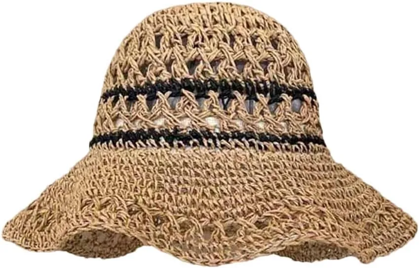 Women's Casual Knit Paper Hat Sun Protection Foldable Striped Hollow Fisherman Bucket Beach Straw Hat