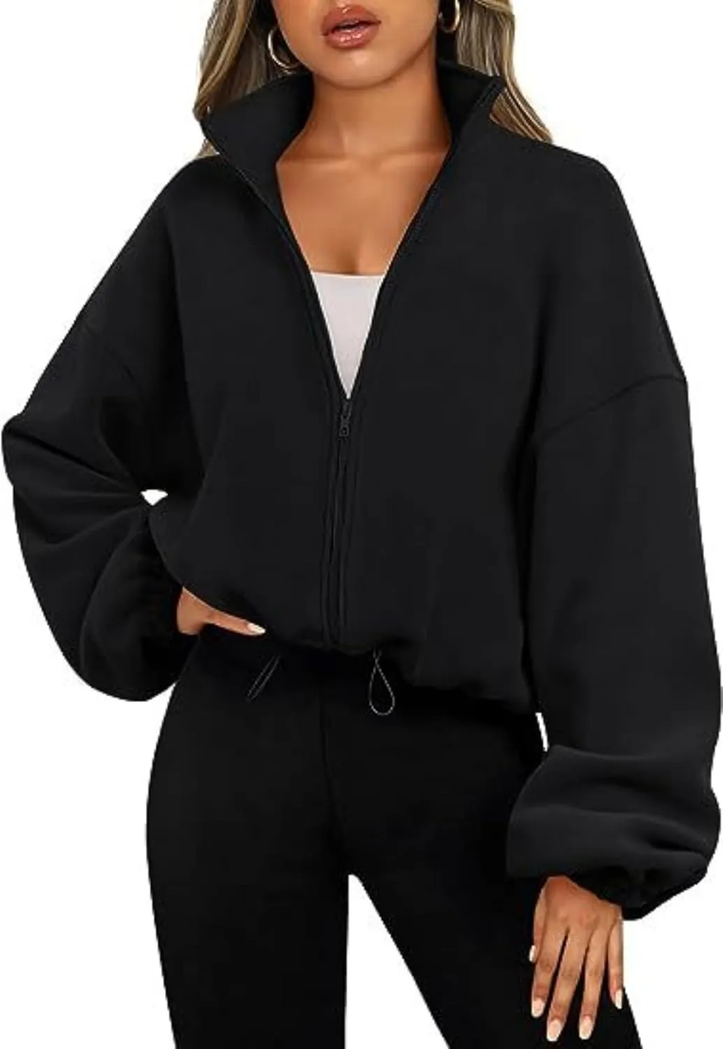Womens Cropped Jacket Fleece Sweatshirts Fall Fashion 2024 Zip up Sport Casual Stand Collared Long Sleeve Outfits