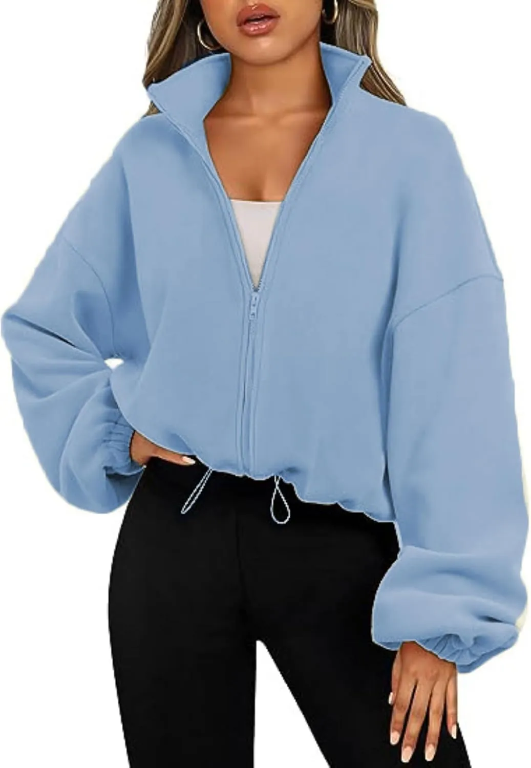 Womens Cropped Jacket Fleece Sweatshirts Fall Fashion 2024 Zip up Sport Casual Stand Collared Long Sleeve Outfits