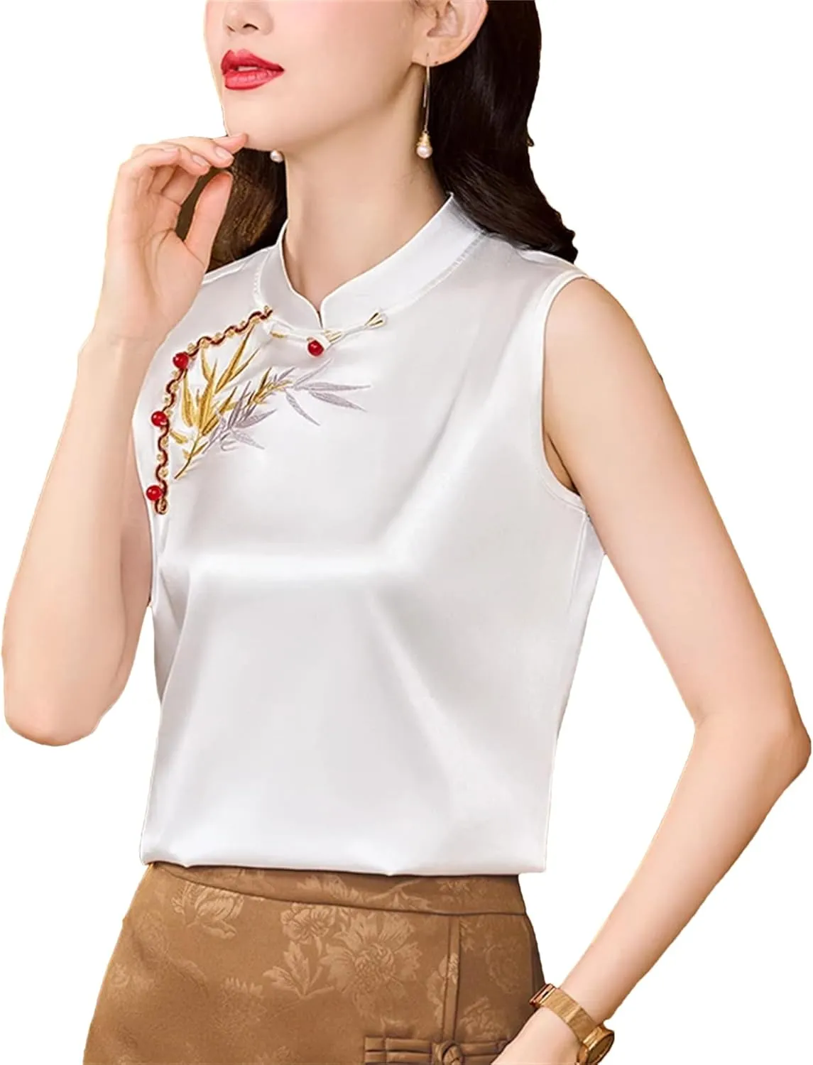 Women's Satin Blouse Sleeveless Mandarin Collar Button-Down Embroidered Shirt Formal Evening Party Outfit for Wedding Guest