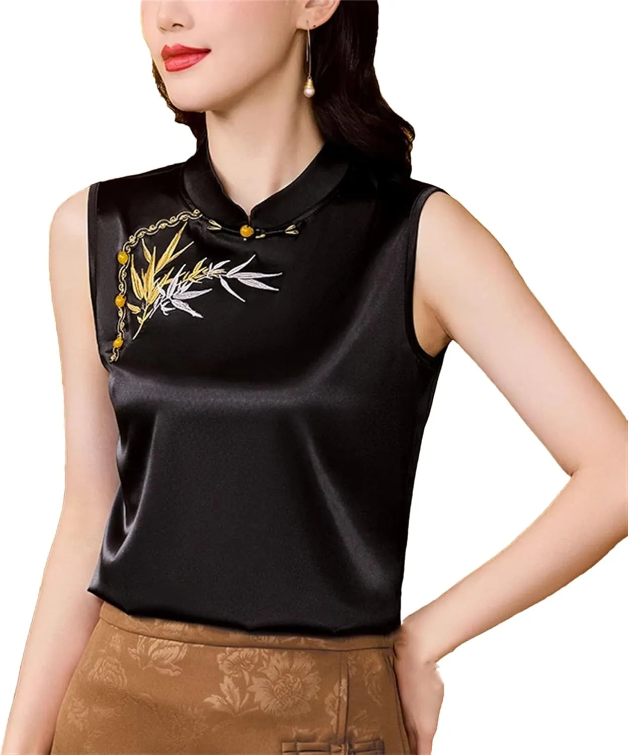 Women's Satin Blouse Sleeveless Mandarin Collar Button-Down Embroidered Shirt Formal Evening Party Outfit for Wedding Guest