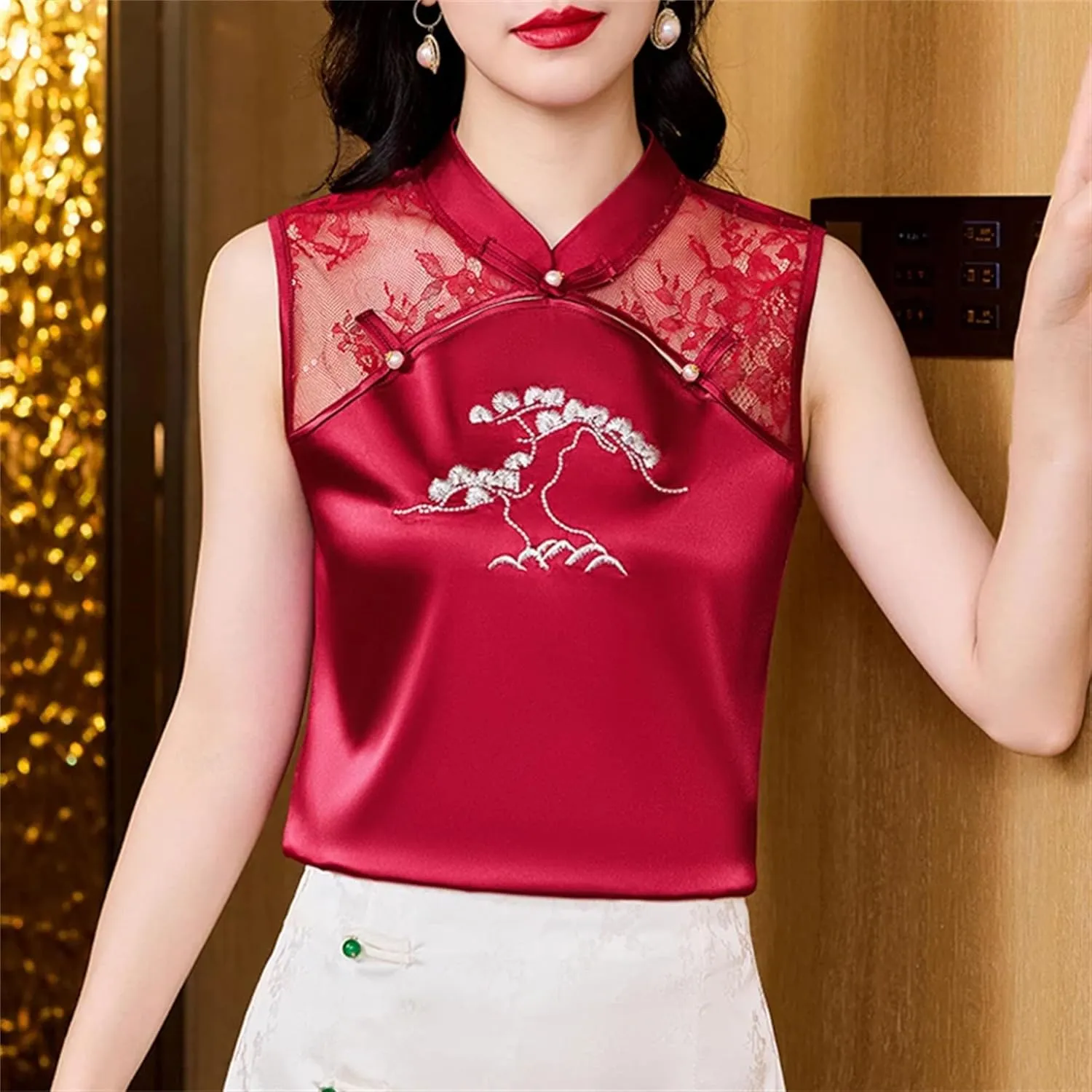 Women's Satin Blouse - Sleeveless Mandarin Collar Embroidered Shirt with Lace Detail Mandarin Collar Evening Party Outfit