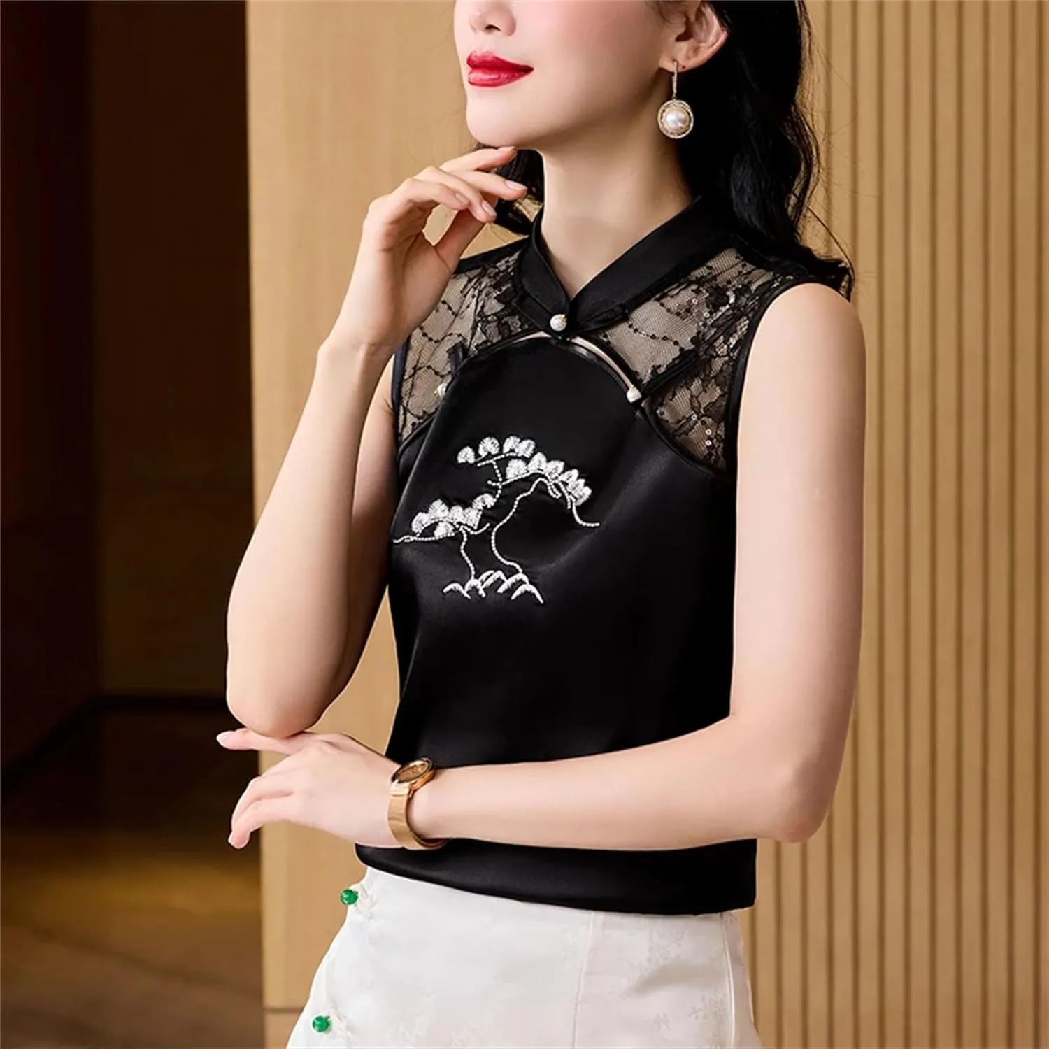 Women's Satin Blouse - Sleeveless Mandarin Collar Embroidered Shirt with Lace Detail Mandarin Collar Evening Party Outfit