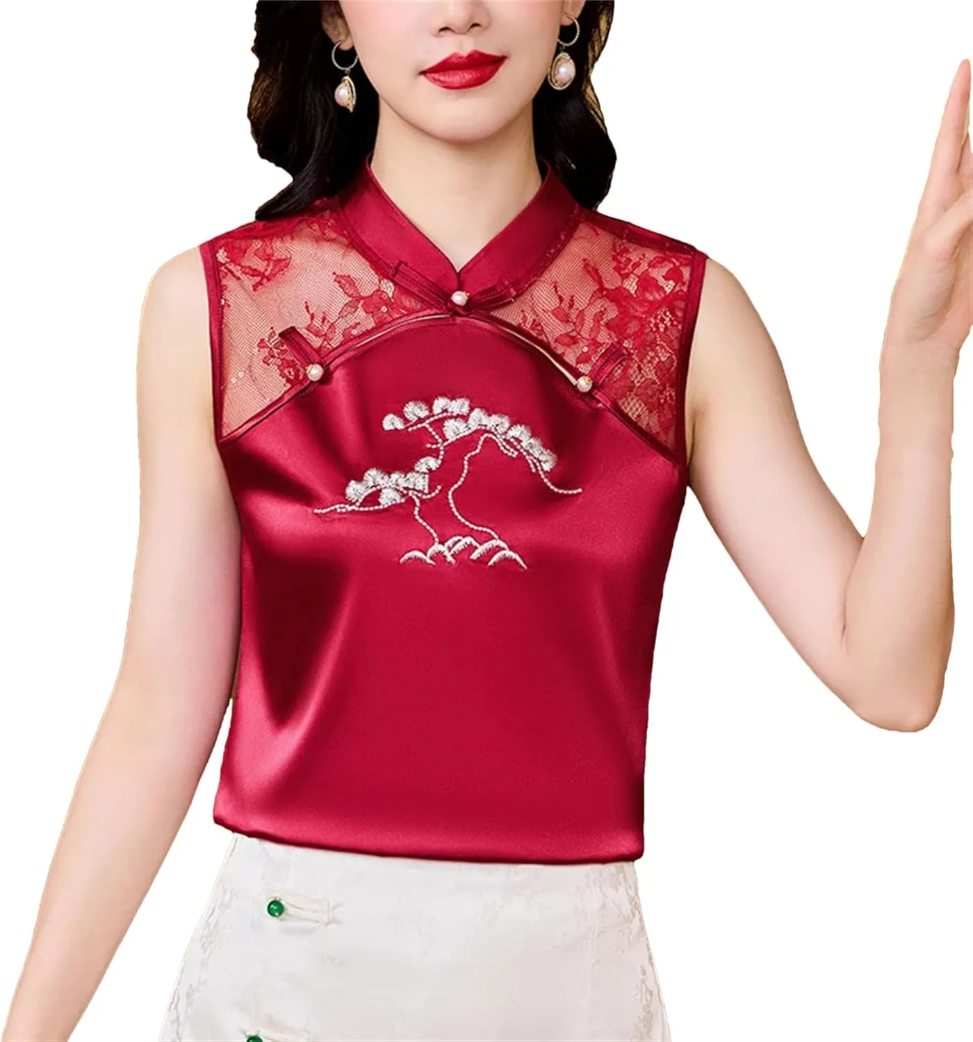 Women's Satin Blouse - Sleeveless Mandarin Collar Embroidered Shirt with Lace Detail Mandarin Collar Evening Party Outfit