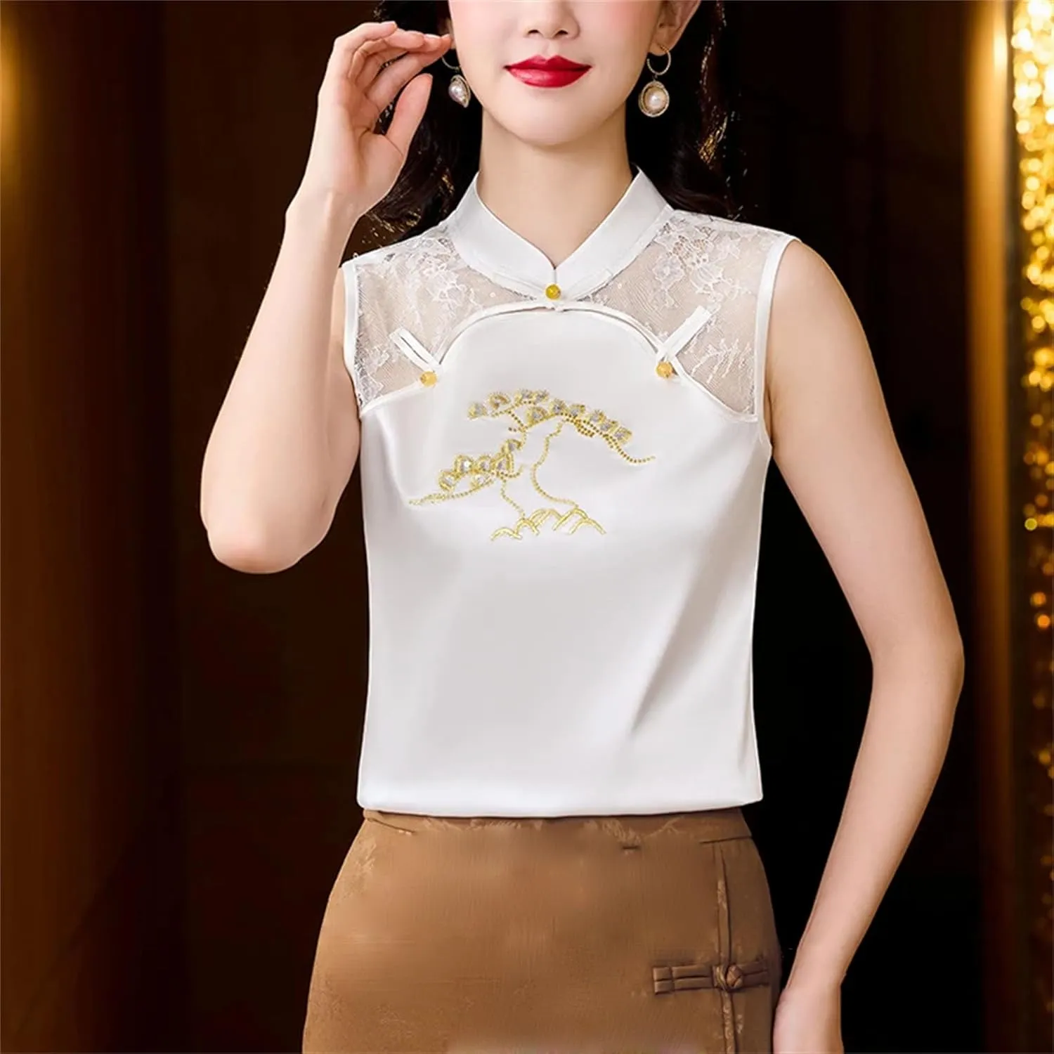 Women's Satin Blouse - Sleeveless Mandarin Collar Embroidered Shirt with Lace Detail Mandarin Collar Evening Party Outfit
