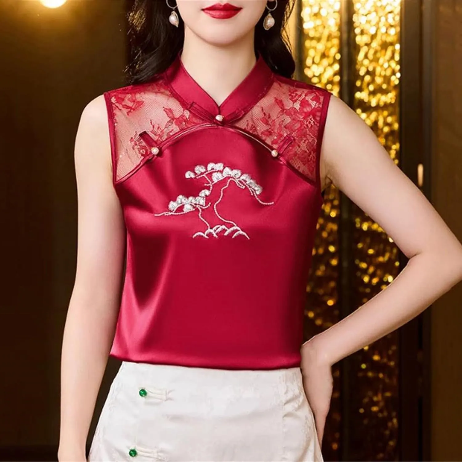 Women's Satin Blouse - Sleeveless Mandarin Collar Embroidered Shirt with Lace Detail Mandarin Collar Evening Party Outfit