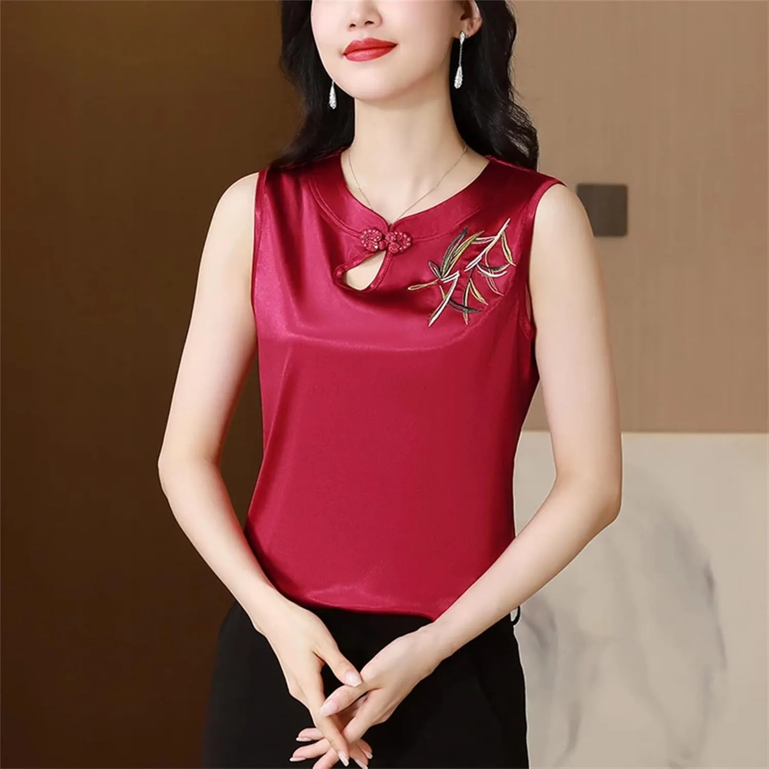 Women's Sleeveless Satin Blouse V-Neck Button Embroidered Shirt Lightweight Summer Wedding Guest Outfit for Party