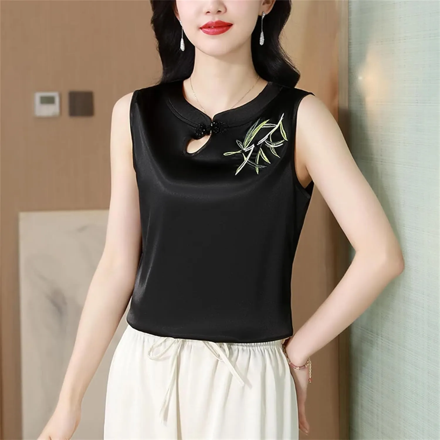 Women's Sleeveless Satin Blouse V-Neck Button Embroidered Shirt Lightweight Summer Wedding Guest Outfit for Party