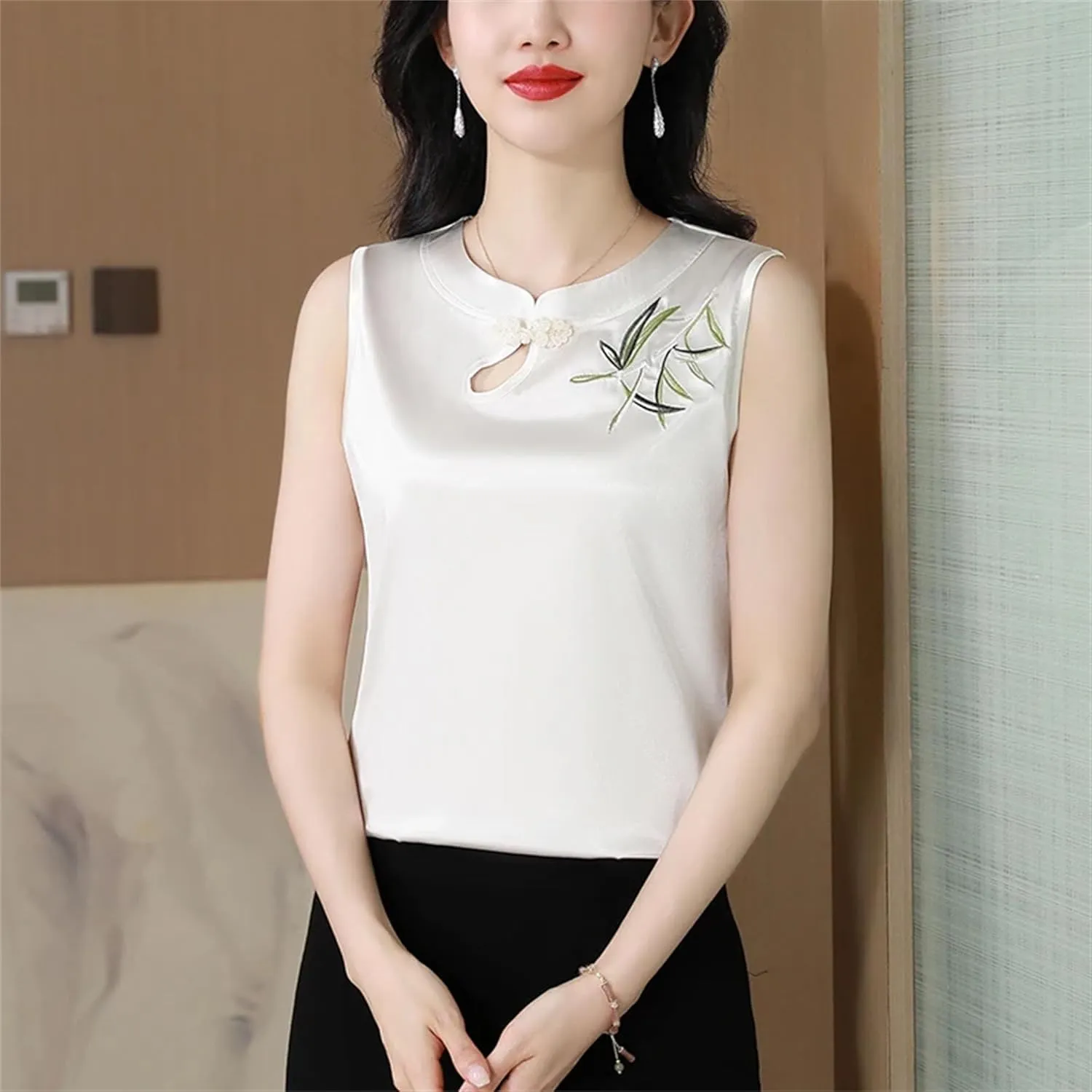 Women's Sleeveless Satin Blouse V-Neck Button Embroidered Shirt Lightweight Summer Wedding Guest Outfit for Party