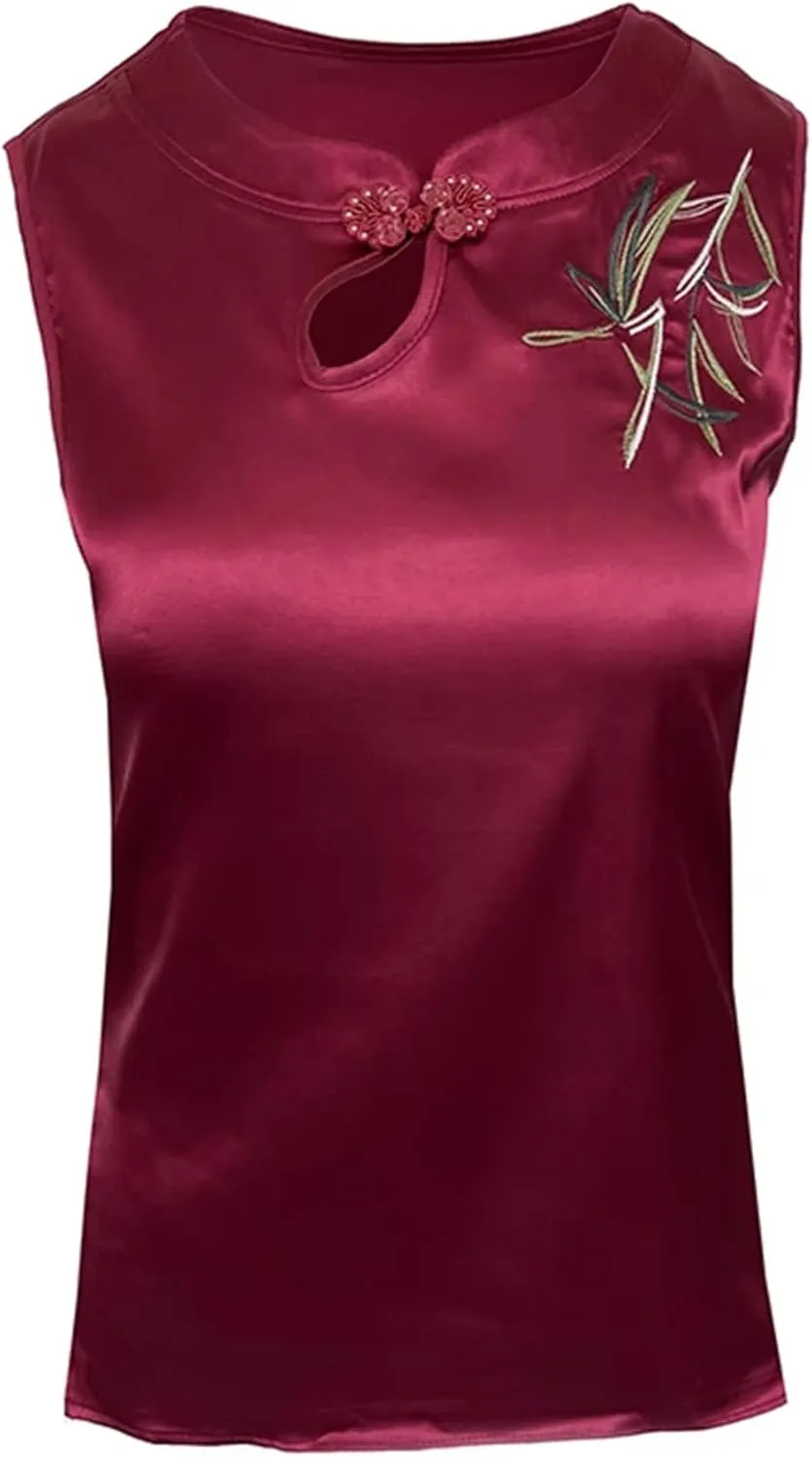 Women's Sleeveless Satin Blouse V-Neck Button Embroidered Shirt Lightweight Summer Wedding Guest Outfit for Party