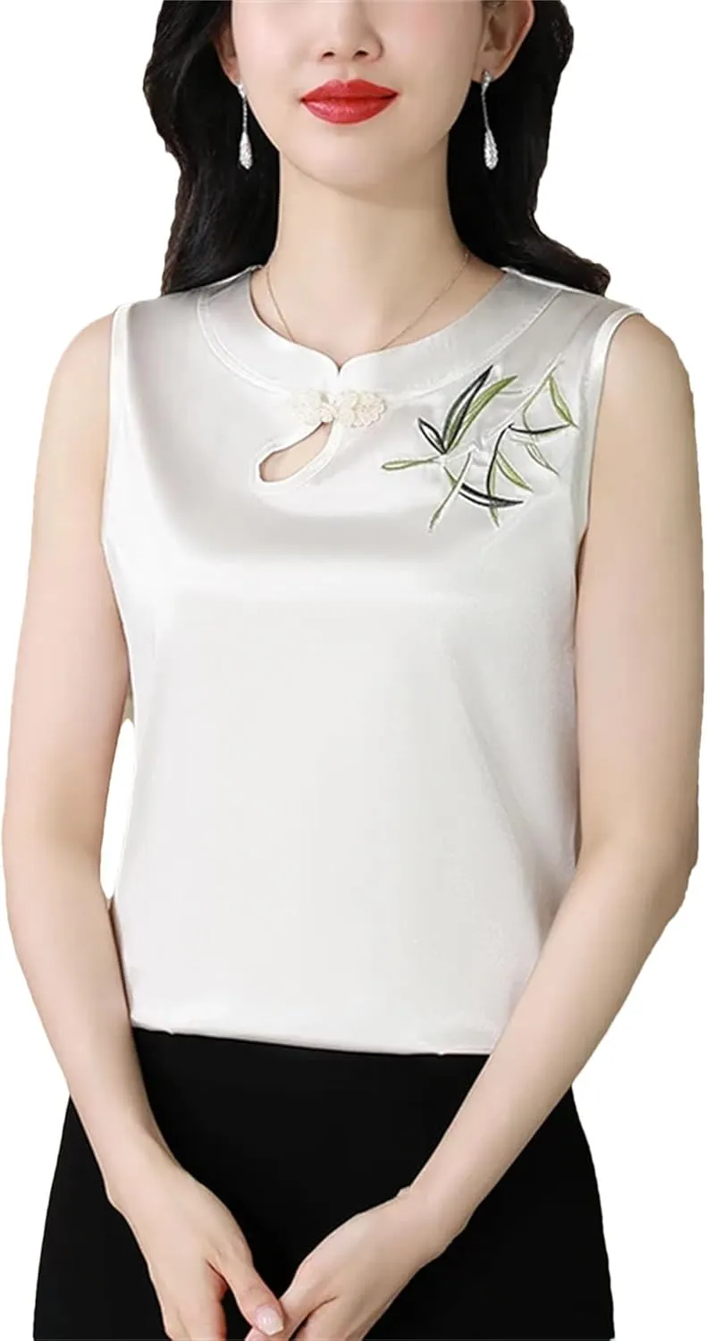 Women's Sleeveless Satin Blouse V-Neck Button Embroidered Shirt Lightweight Summer Wedding Guest Outfit for Party