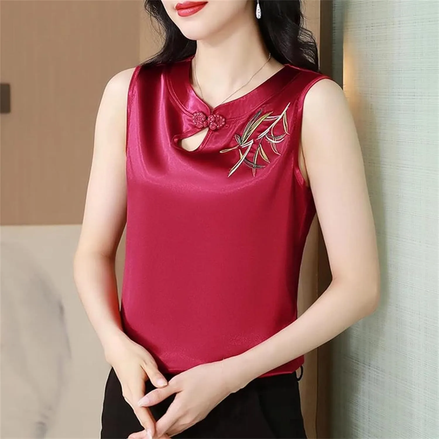 Women's Sleeveless Satin Blouse V-Neck Button Embroidered Shirt Lightweight Summer Wedding Guest Outfit for Party