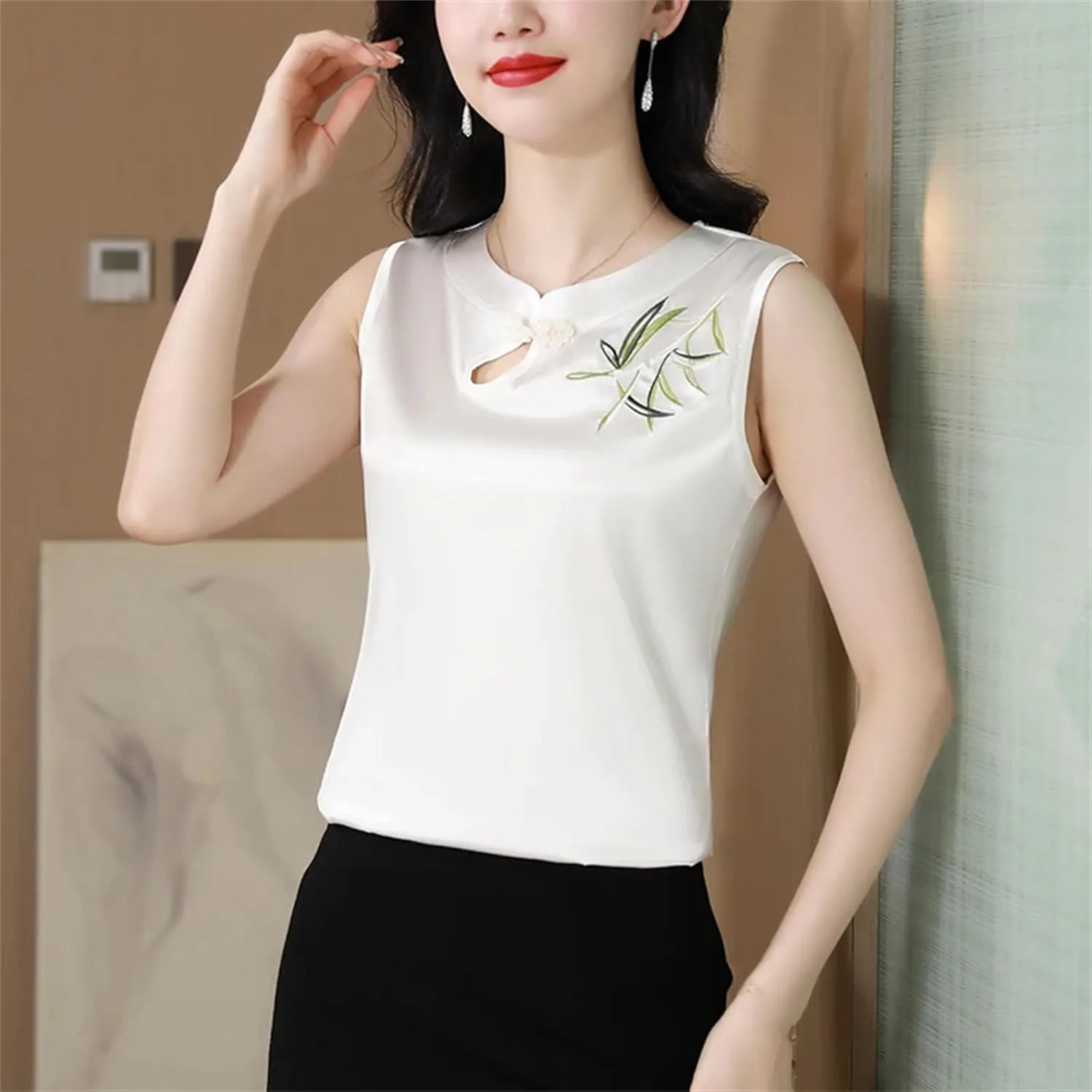 Women's Sleeveless Satin Blouse V-Neck Button Embroidered Shirt Lightweight Summer Wedding Guest Outfit for Party