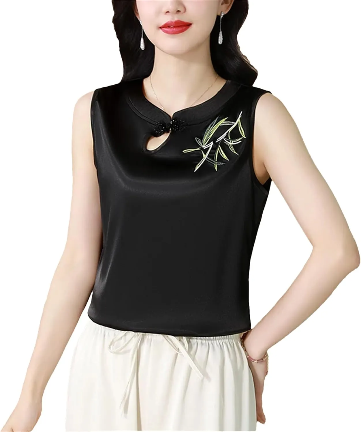 Women's Sleeveless Satin Blouse V-Neck Button Embroidered Shirt Lightweight Summer Wedding Guest Outfit for Party