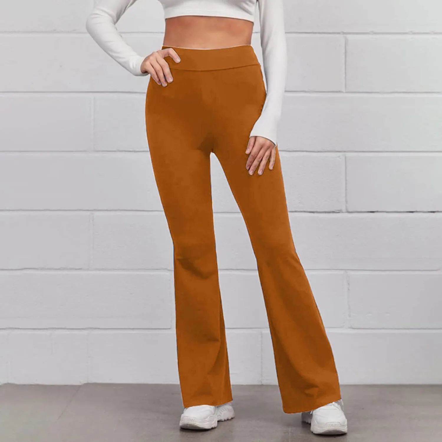 Women's Solid Casual Elastic High Waisted Yoga Sweatpants Stretch Soft Comfy Straight Wide Leg Trousers with Pockets