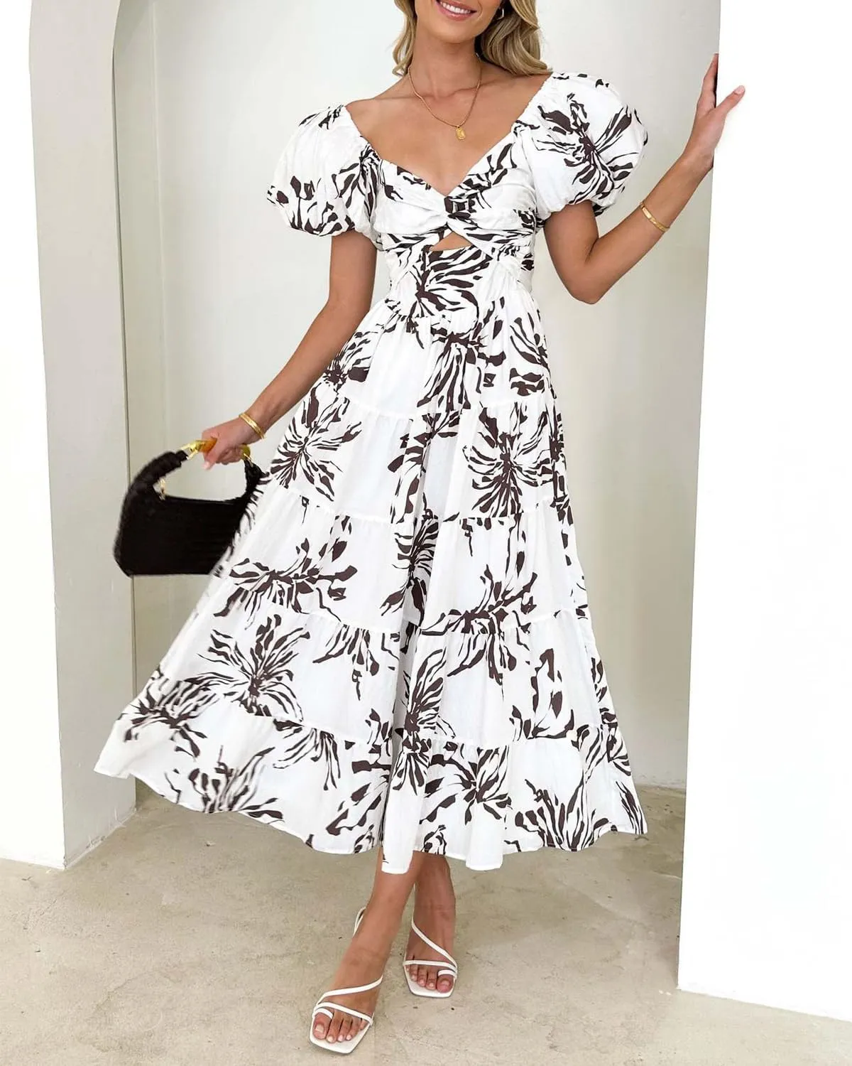 Women's Summer Floral V Neck Off Shoulder Puff Sleeve Wrap Dress Midi Dress Casual A-Line Flowy Swing Beach Sundress