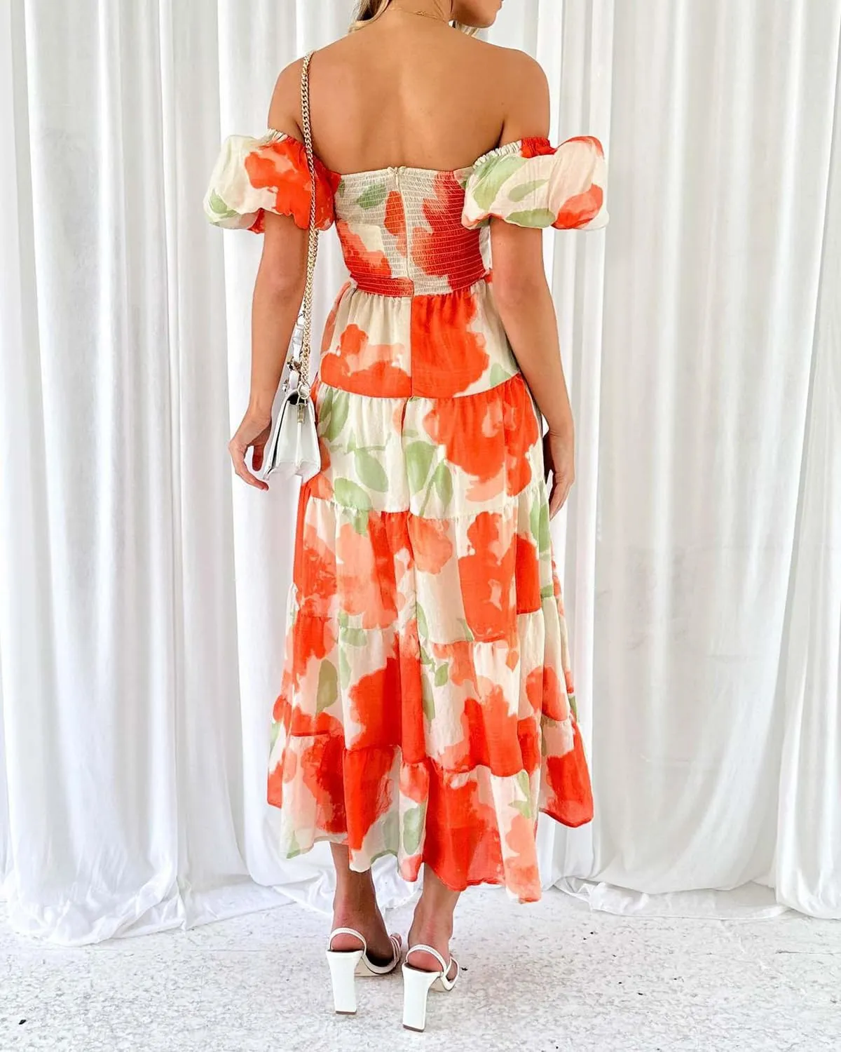 Women's Summer Floral V Neck Off Shoulder Puff Sleeve Wrap Dress Midi Dress Casual A-Line Flowy Swing Beach Sundress