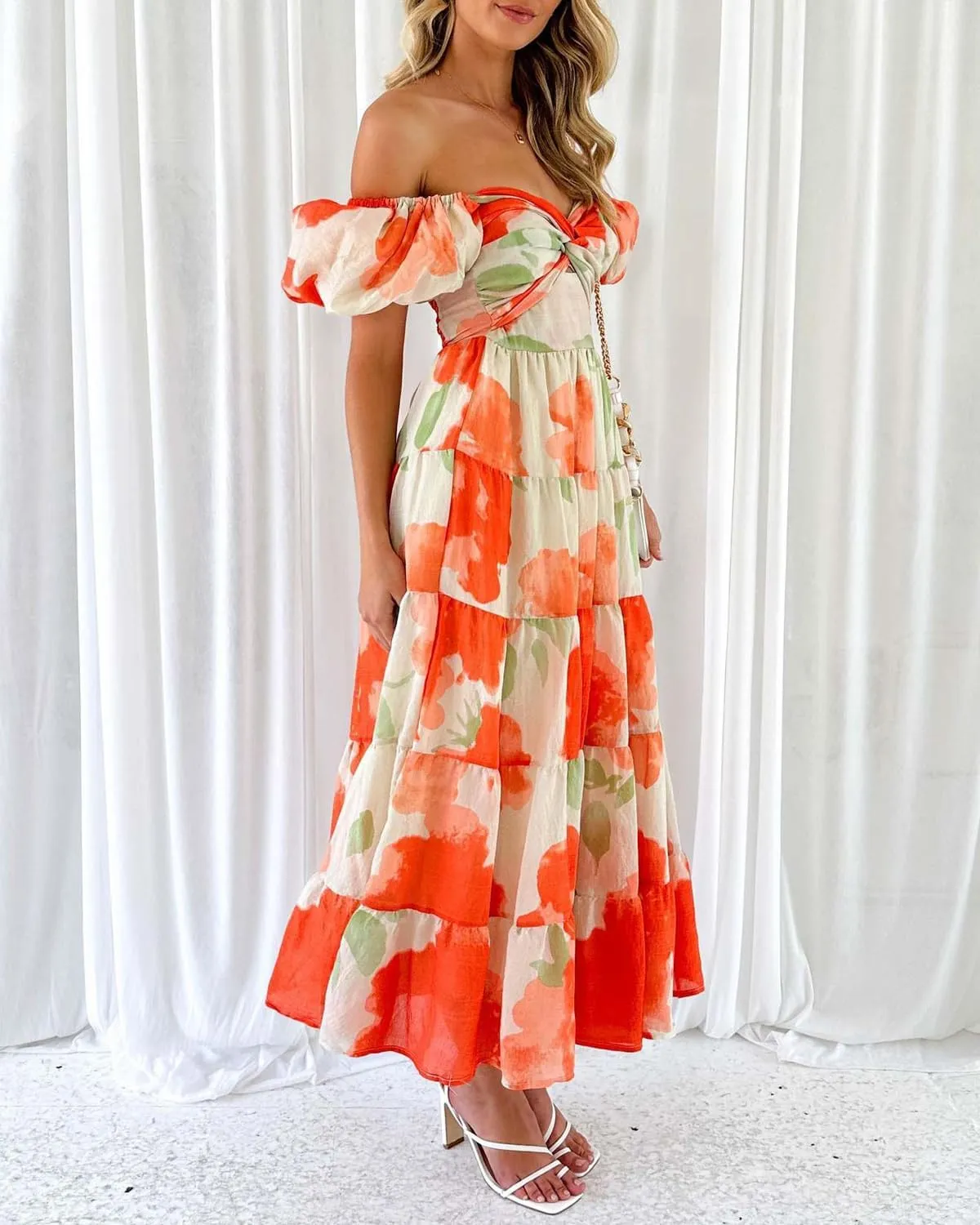 Women's Summer Floral V Neck Off Shoulder Puff Sleeve Wrap Dress Midi Dress Casual A-Line Flowy Swing Beach Sundress